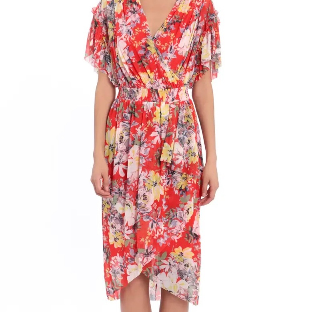 Maggy London Red Floral Wrap Front Flutter Sleeve Midi Dress Sz. 6